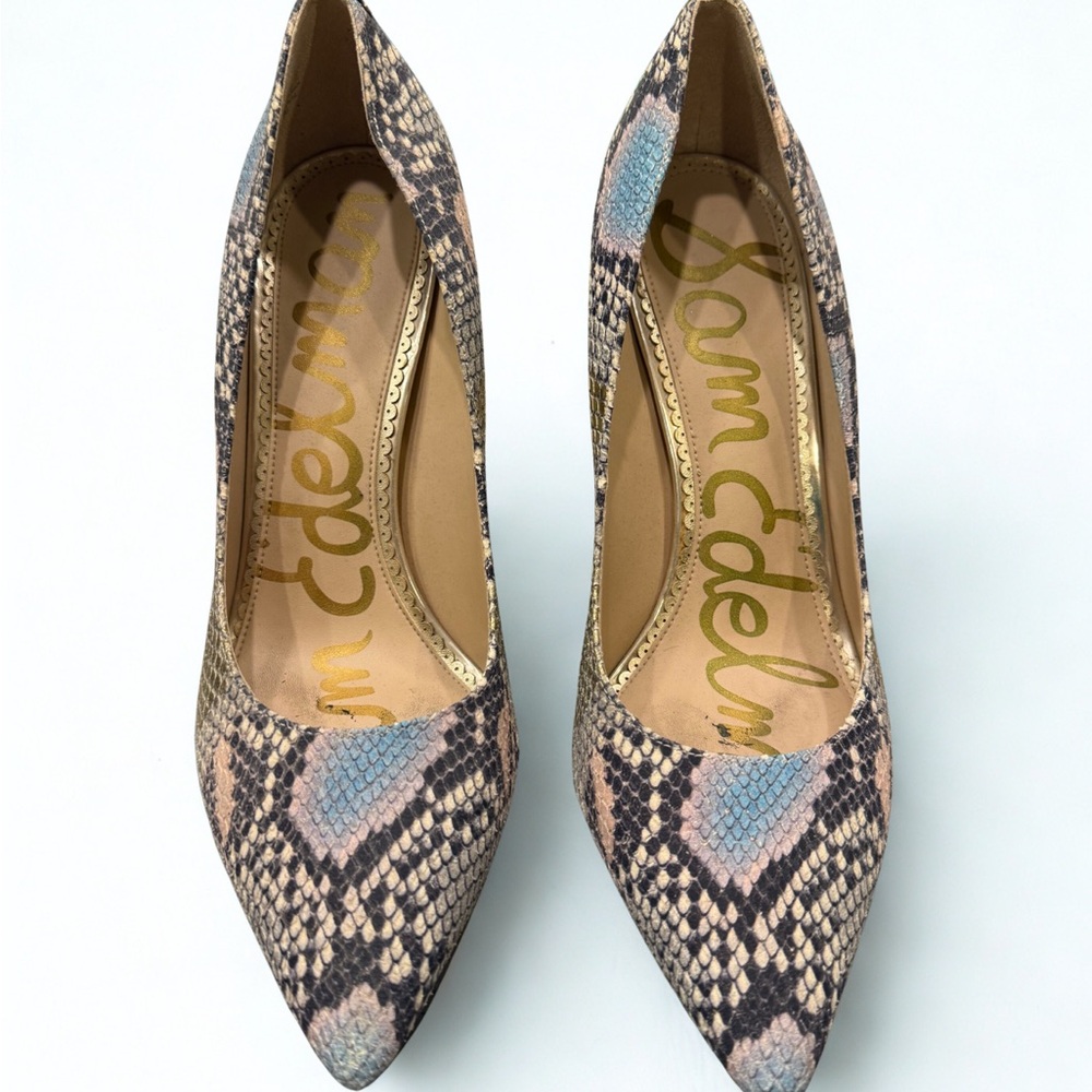 Sam Edelman Hazel Pointed Toe Blue/Pink/Brown Snake Print Heels